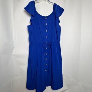Millenium Royal Blue Flutter Sleeve Button Front Midi Dress Plus Size 3X